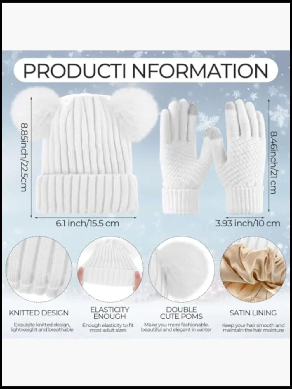 3 Pairs Touchscreen Gloves with Satin Lined Beanies Hat Set Winter Warm